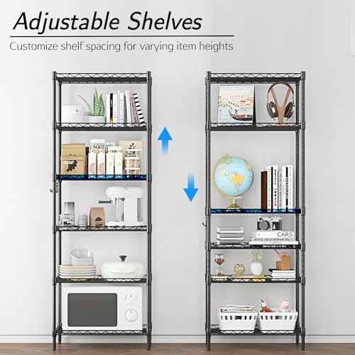 Homdox 6-Tier Storage Shelf Wire Shelving Unit Free Standing Rack Organization Adjustable Leveling Feet, Stainless Side Hooks, Black - Image 4