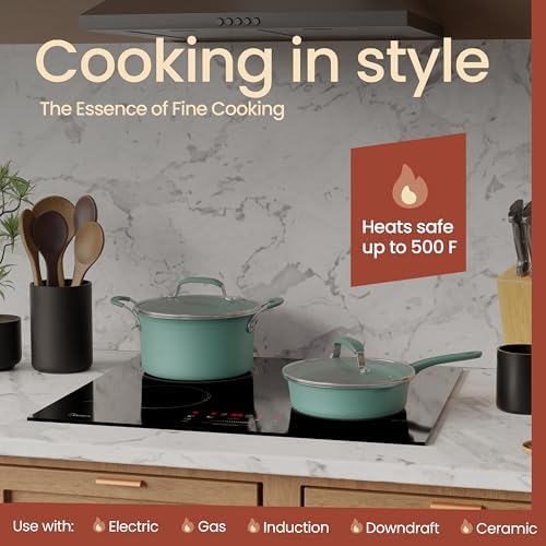 Pots and Pans Set, 23-Piece Non Stick Cookware & Bakeware Sets with Plaid Pattern, Stackable Design, Dishwasher Safe, Stain-resistant, Oven & All-Stove Safe, Tempered Glass Lid, Aqua - Image 4