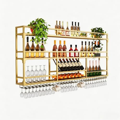 47Inch Metal Wall-Mounted Wine Rack with LED Light - 3 Tier Wine Storage Display Rack with Glass Holder - Space-Saving Bottle Display Shelf for Home Bars, Dining Rooms, Gold by HFTUW