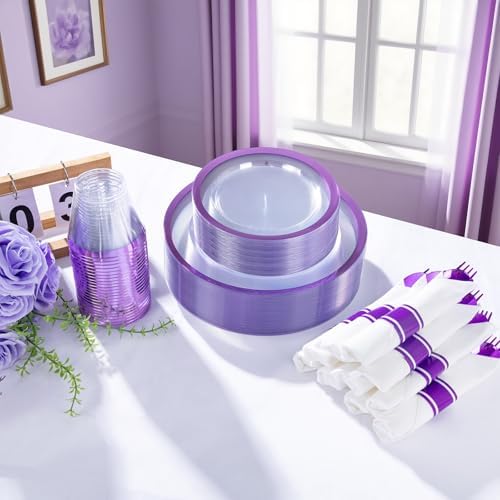 I00000 210 Pcs Clear Purple Plastic Plates, Fancy Disposable Dinnerware Set - Image 6
