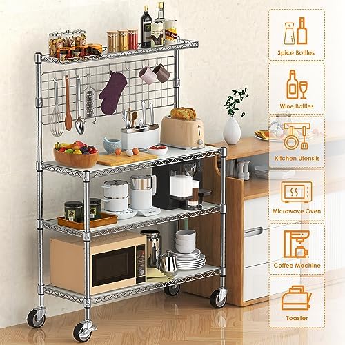 Bakers Rack with Storage & Wheels, 42In Microwave Stand Kitchen Shelves - Image 2