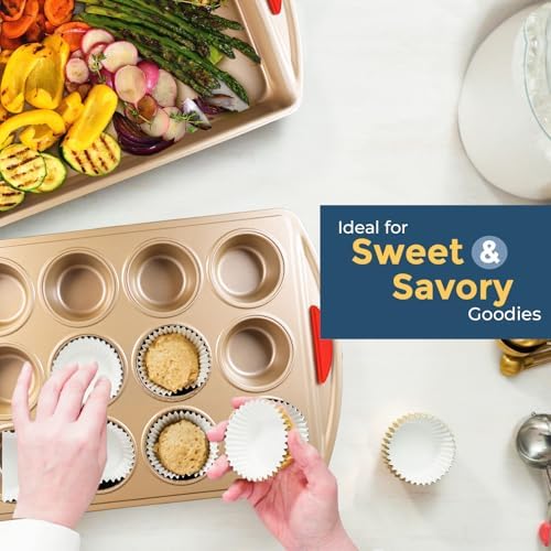 Perlli Baking Kit: Nonstick Gold Steel Oven Set - 6 Pieces, Round Cake Pan, Loaf Pan, Square Pan, Muffin Pan, Cookie Sheet, Roaster - Silicone Handles - Image 6