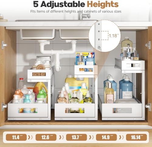 2 Pack 20.47IN Depth Under Sink Storage Organizer, Large 2-Tier Elegant Mesh Pull Out Shelf for Kitchen and Bathroom Cabinet Organization, L-Shaped and Adjustable Height Design-White - Image 5