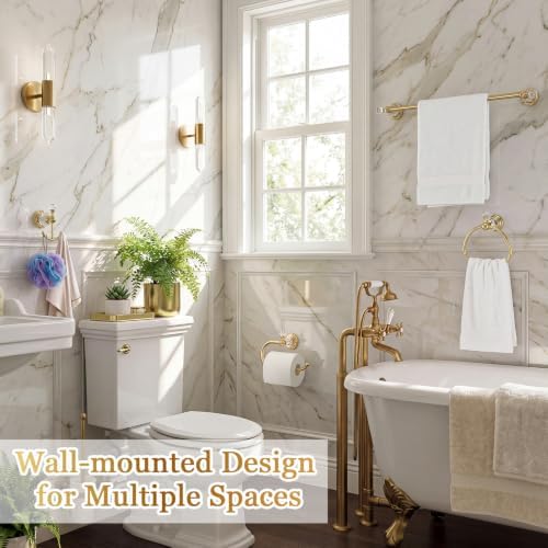 4 Pcs Polished Gold Crystal Bathroom Accessories Set with Adjustable Towel Bar & Semicircular Towel Ring & Toilet Paper Holder & Robe Hook, Luxury Vintage Bath Hardware Fixture Set (style 9) - Image 4