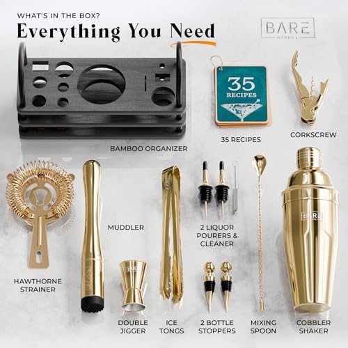 BARE BARREL® Mixology Bartender Kit Bar Set | 14-Piece Cocktail Shaker Set | Martini Barware Mixing Tools for Home Bartending | 35 Recipe Cards | Gift Set (24oz Cobbler Shaker, Gold/Black) - Image 4