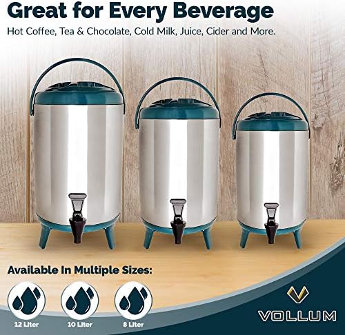 Vollum Stainless Steel Insulated Beverage Dispenser – Insulated Thermal Hot and Cold Coffee Carafe – 10 Liter Drink Dispenser with Spigot for Hot Water, Tea & Coffee, Cold Milk, Juice & More Teal - Image 5