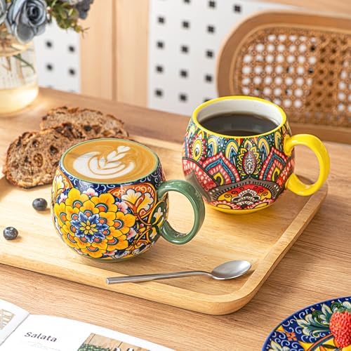 Henten Home Ceramic Coffee Mug Set of 6, 20 oz Colorful Coffee Cup with Handle, Boho Porcelain Mug for Cappuccino, Latte, Tea, Hot Chocolate, Cocoa, Microwave & Dishwasher Safe - Image 4