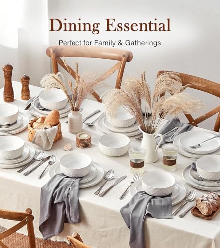 24 Piece Dinnerware Sets for 8 - Farmhouse Style Stoneware Plates and Bowls Sets - Scratch Resistant & Dishwasher Safe, Embossed Boho Ceramic Dish Set, Stack Compactly Dishware - Ivory White - Image 5
