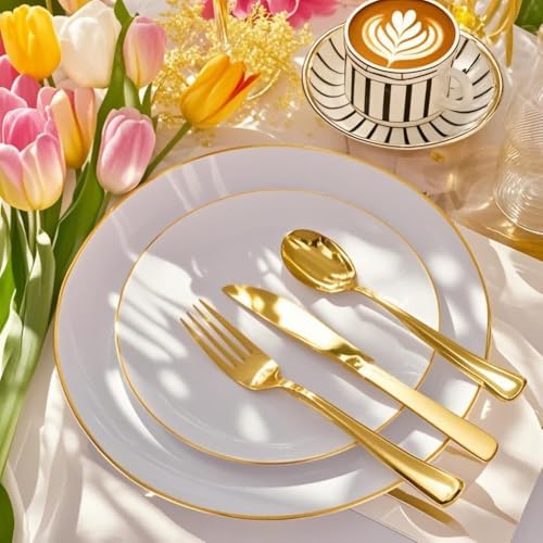 Festiva 175PCS White and Gold Plastic Plates - White with Gold Rim Fall Dinnerware Set - 25Guest include Plates Cups Cutlery Napkins for Birthday Party&Wedding& Thanksgiving - Image 6