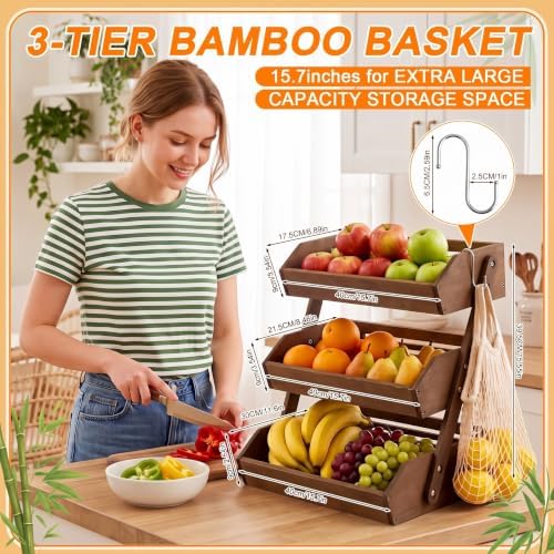 Marsui 3 Tier 16'' Bamboo Fruit Basket for Kitchen Counter, Dark Brown - Image 2