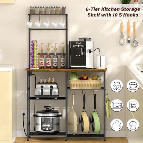 3IngSeagulls Bakers Rack with Power Outlet, Kitchen Microwave Stand with 10 S-shaped Hooks, 6-Tier Coffee Bar Station, Kitchen Storage Shelf Rack for Spices, Pots, Rustic Brown - Image 4