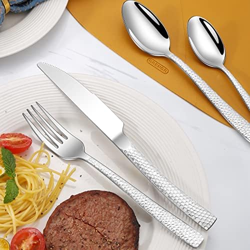 20-Piece Silverware Set, Silver Hammered Stainless Steel Flatware Sets for 4, Food-Grade Tableware Set, Including Fork Knife Spoon Set, Home Kitchen Cutlery Sets, Dishwasher Safe - Image 4
