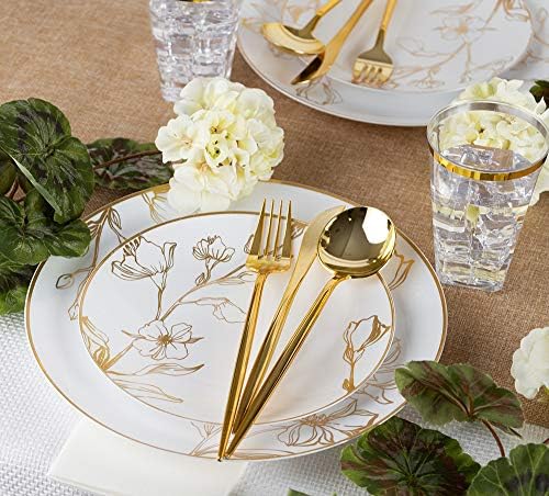 PLASTICPRO 32 Piece Combo Plates Set includes 16-7'' inch Plates & 16-10'' inch Plate White Plastic Floral Design Party Plate With Gold Rim, Premium heavyweight Elegant, Tableware, - Image 2