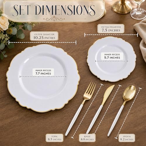 WDF 30Guest Gold Plastic Plates - High-end Baroque Design - 10.25&7.5in Wedding White and Gold Plates Disposable for Birthday/Baby Shower/Wedding/Party/Thanksgiving - Image 4