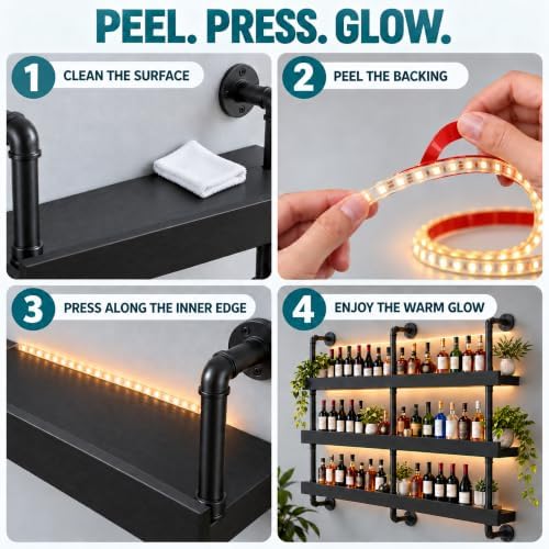 55IN 3-Tier Black Pipe Wall Mounted Wine Rack with Warm LED Light - Image 5