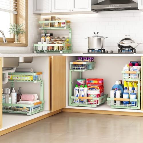 PXRACK Under Sink Organizer, Adjustable Height, 2 Tier Pull Out Under Cabinet Organizer, Slide Out Thickened Metal Under Sink Storage for Kitchen Bathroom Laundry Pantry Cabinet, Green, Large-1-Pack - Image 7