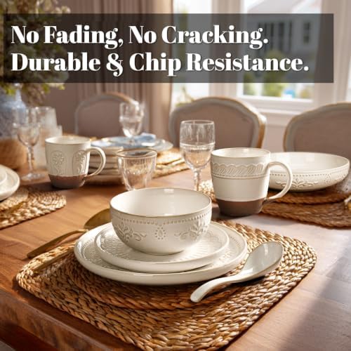 Artena 4-Piece Handcrafted Ceramic Dinnerware Set, Service for 1 – Reactive Glaze Embossed Plates, Bowls & Soup Spoons Included, Dishwasher & Microwave Safe, White, Damask Floral - Image 4