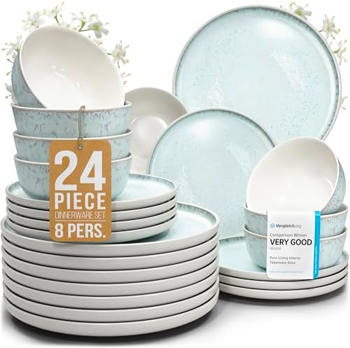 24 Piece Stoneware Dinnerware Set for 8, Handcrafted Plates and Bowls Set by PURELIVING