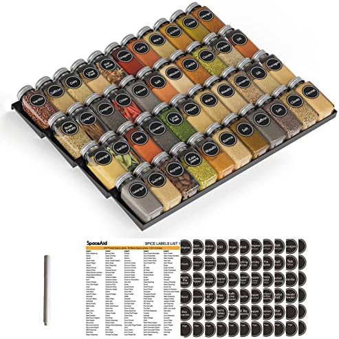 SpaceAid Spice Drawer Organizer with 44 Spice Jars, 386 Spice Labels, 4 Tier Seasoning Rack Tray Insert for Kitchen Drawers, 20.25" Wide x 17.5" Deep by SpaceAid