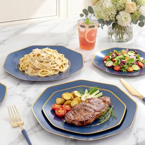 KIRE 140Pcs Blue Plastic Plates with Gold Rim - Navy Blue Plates for Party - Image 4