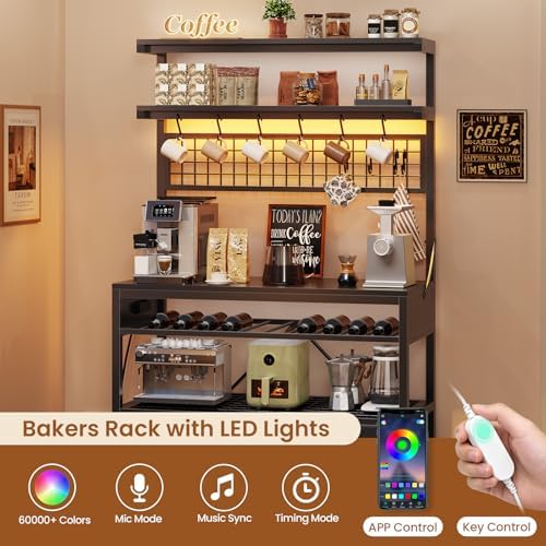 Itaar Bakers Rack with Storage and Power Outlet, 35.4 inch Coffee Bar Cabinet, Microwave Stand Kitchen Cabinet with Hutch, LED Lights, Wine Rack and Hooks (Black) - Image 3