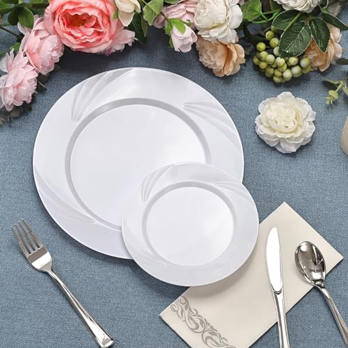 700-Piece White Swirls Plastic Dinnerware Set for 100 Guests, Elegant Disposable Dinnerware for Party, Wedding. Includes 10.25" Dinner Plates, 6.5" Dessert Plates, Silverware, Napkins, Cups - Image 2