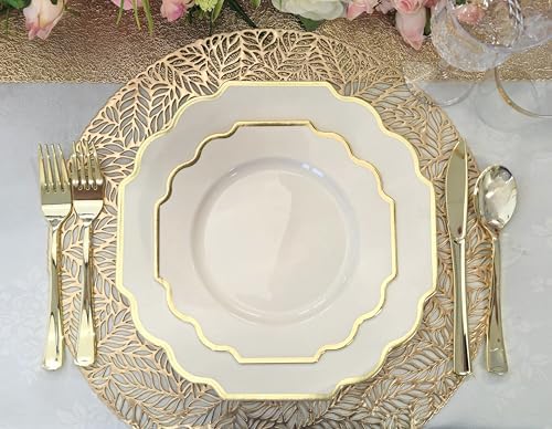 " OCCASIONS " 640 Piece set (80 Guests)-Heavyweight Wedding Party Disposable Plastic Plate Set - 80 x 10.5'' + 80 x 8'' + Silverware + Cups + Napkins (Imperial Ivory & Gold) - Image 2