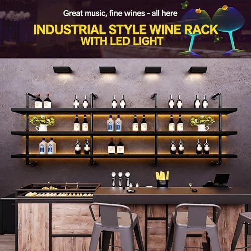 Wall Mounted Wine Rack with LED Light - 3-Tier Solid Wood Industrial Rustic Floating Shelves, Bottle Storage Organizer for Kitchen, Bar, Pub, Cellar, Home Bar (Walnut, 221cm/87in) - Image 5