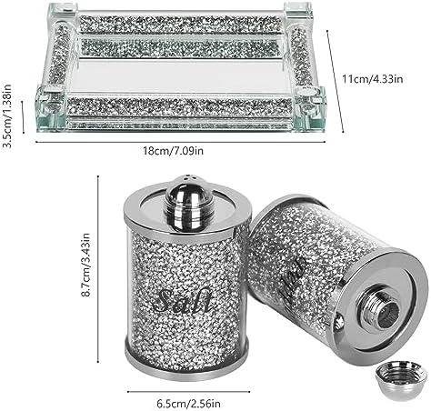 Crystal Salt and Pepper Shakers Set with Tray,Sparkly Crystal Crushed Diamond House Decor for Kitchen,Bling Salt Pepper Jar Container Pot for Countertop,saleros para cocina elegantes,Silver - Image 4