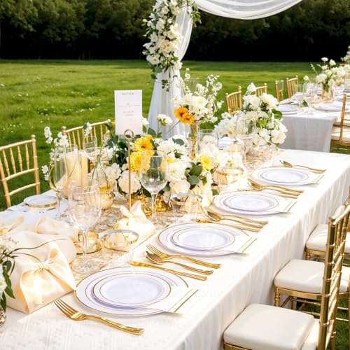 GATHER 350PCS White and Gold Plastic Plates Dinnerware Set for Wedding - Image 6