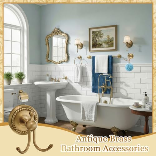 4 Pcs Antique Brass Gold Bathroom Accessories Set Wall-mounted Adjustable Towel Rack & Round Towel Ring & Covered Toilet Paper Holder & Robe Hook Wall Mounted Brass Vintage Bath Hardware Set - Image 4
