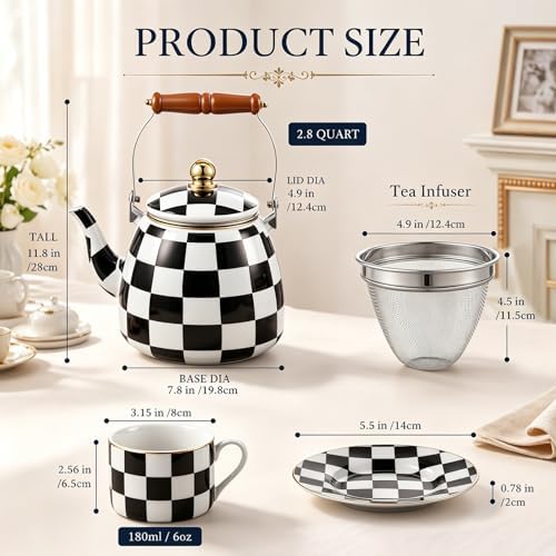 9 Pcs Checkered Teapot Set with Wooden Handle, Black and White Vintage - Image 3