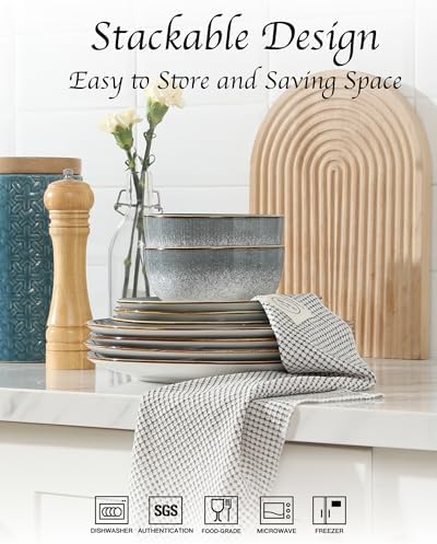 Sweejar Dinnerware Sets Service for 4, 12 pcs Porcelain Plates and Bowls for Kitchen, Housewaring Gift, Chip and Scratch Resistant Dish Set, Handmade Dishwasher and Microwave Safe Plate Set, LightGray - Image 6