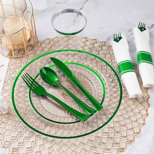 Goodluck 350 Pcs Clear Green Disposable Plastic Dinnerware Sets for 50 - Image 5