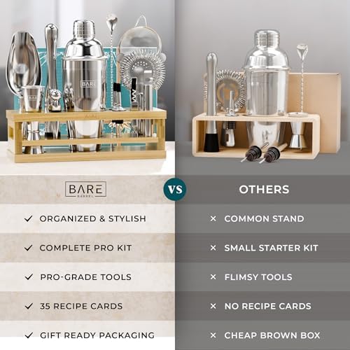 BARE BARREL® Mixology Bartender Kit Bar Set | 16-Piece Cocktail Shaker Set | Martini Barware Mixing Tools for Home Bartending | Incl. 35 Recipe Cards | Gift Set (24oz Cobbler Shaker, Silver/Natural) - Image 6