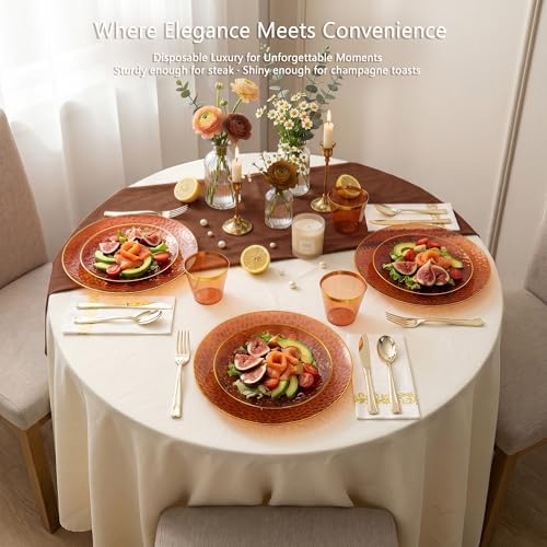 Rubtlamp 350 Pcs Brown Plastic Dinnerware Set (50 Guests), Amber And Gold Plastic Plates, Coffee Hammered Party Plates Set Include Dinner Plates, Dessert Plates, Cups, Cutlery Set Napkins for Party - Image 7