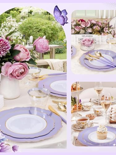 WDF 150Pcs Purple Plates Disposable - Baroque Lavender Purple and Gold Plates - 25Guest Plastic Dinnerware Ideal for Wedding/Party/Birthday/Bridal Shower - Image 6