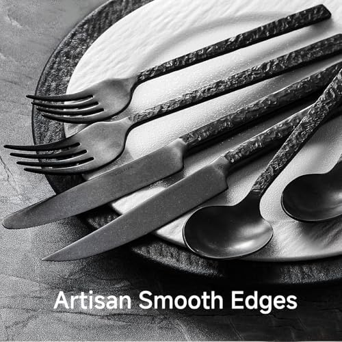 36 Pcs Black Hammered Silverware Set with Steak Knives for 6, 18/10 Steel - Image 6