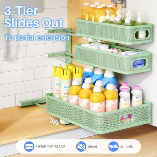 Under Sink Organizer, 3-Tier Thickened Metal Pull out Cabinet Organizer Shelf, Height Adjustable Slide out Storage Drawer Rack for Kitchen Bathroom Pantry Laundry Home Organization, 2-Pack, Green - Image 5