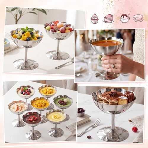 6 Pcs Stainless Steel Ice Cream Bowls Mini Silver Serving Pudding Dessert Cup Sauce Bowls Round Footed Yogurt Snack Candy Cups for Mousse Fruit Salad Wedding Party Favor - Image 6