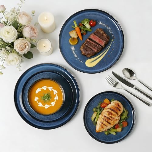 Stoneware Dinnerware Sets for 4, 12Pcs Plates and Bowls Set, Midnight Blue - Image 6