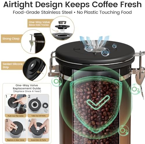 Veken Coffee Canister with Window, Airtight Stainless Steel Container,Date Tracker, Kitchen Food Storage Jars for Beans, Ground, Espresso, Rice,Tea,Sugar, Cereal, Gifts, Scoop,Copper, 22OZ (Pack of 2) - Image 3