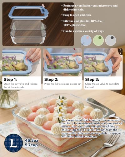 1-Pack Glass Food Storage Containers with Tempered Lids, 5.7Cup Borosilicate Glass Meal Prep Containers, Airtight & Oven-Safe (-4°F~950°F), BPA-Free, （Light blue） - Image 3