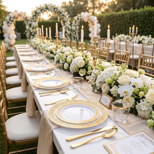 WELLIFE 210Pcs Gold Plastic Dinnerware - Disposable Silverware and Cups, Include:30 Dinner Plates, 30 Dessert Plates, 30 Paper Napkins, 30 Cups, 30 Gold Plastic Cutlery Set for Party and Wedding - Image 6