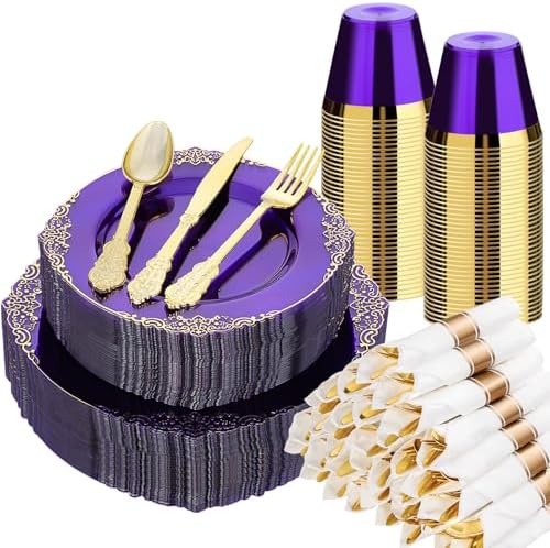 Bestluck 350PCS Purple Disposable Dinnerware for 50 Guests by Bestluck