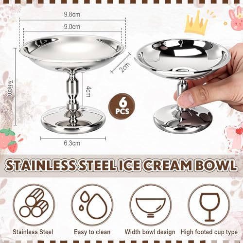 6 Pcs Mini Stainless Steel Ice Cream Bowls Vintage Silver Serving Pudding Dessert Cup Sauce Bowls Metal Round Footed Yogurt Snack Candy Cups for Mousse Fruit Salad Cake Wedding Party Favor - Image 2