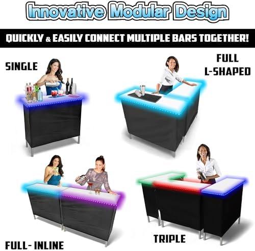 PARTYPONG Folding Portable Double Bar w/LED Lights, Wireless Remote, 2 Bar Skirts, Storage Shelf, & Carrying Case - White - Image 3
