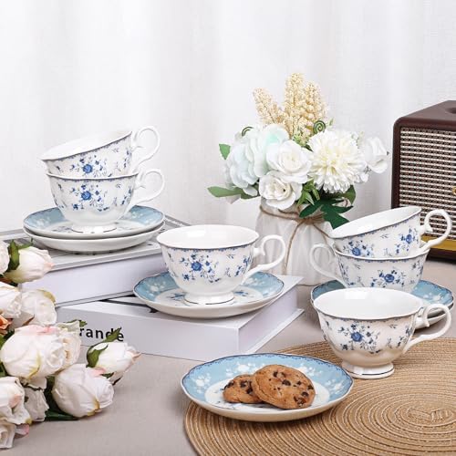 fanquare Blue Rose Porcelain Tea Cup and Saucer Set for 6 - Image 5
