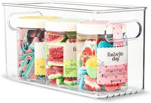 Plastic Food Storage Clear Container Bin with Handles for Organizing Kitchen, Pantry, Refrigerator, Freezer, Pantry, Cabinet, Closet, Bathroom. 10”x4”x5” by primebox