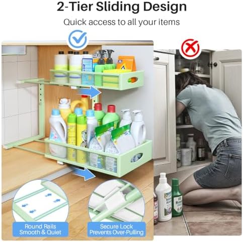 Under Sink Organizer, 2 Pack 2 Tier Pull Out Under Cabinet Organizer Shelf with Pad for Framed Cabinets, Metal Slide Out Under Sink Storage, Mesh Sliding Drawers for Kitchen Bathroom Laundry, Green - Image 4